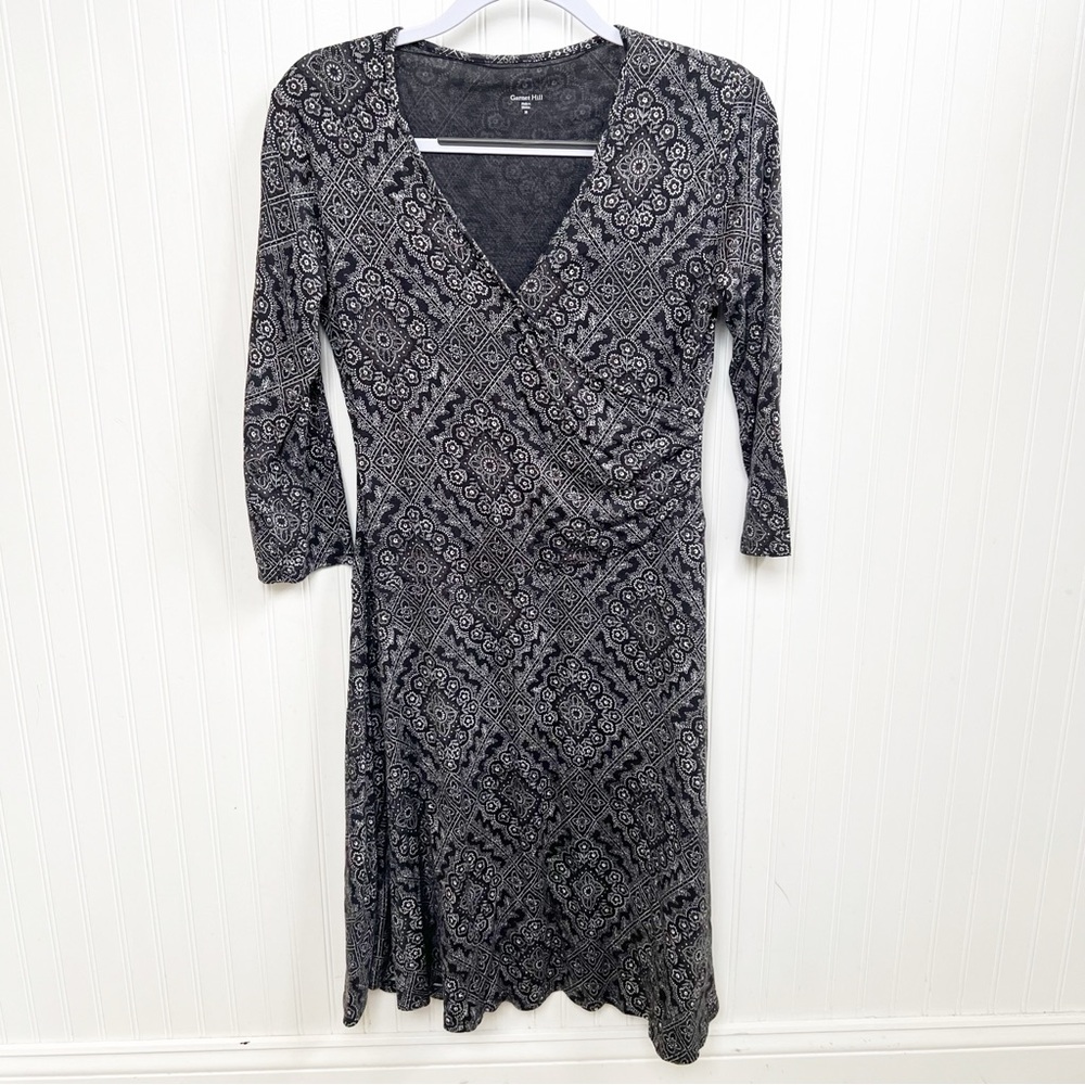 Garnet Hill 43259 Black & White Bandana Print Breanna Surplice Faux Wrap Dress